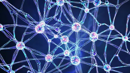 Poster - molecular structures forming and shifting, with transparent liquid-like connections and glowing particles