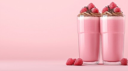 Poster - Two glasses of pink milkshakes with raspberries on top of them