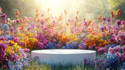 Poster - Podium flower product, white, 3D spring table beauty stand display, nature white. Garden floral background, cosmetic field scene, gift day