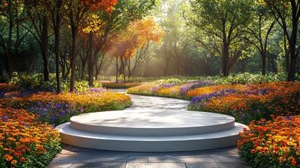 Poster - Podium flower product, nature white 3D spring table beauty stand display. Garden floral background, cosmetic field scene, gift day