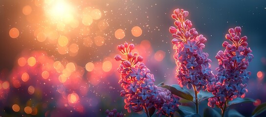 The garden bursts with blooms of lilac and violet, set against an artful design background