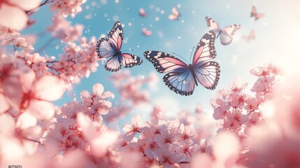 Poster - a banner background featuring a garden illuminated by sunlight with fluttering butterflies