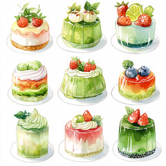 Canvas Print - Watercolor painting of an assortment of colorful, fruity cakes on small plates.