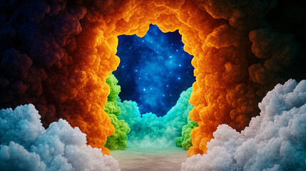 Wall Mural - vibrant cosmic landscape featuring colorful clouds in orange, green, and blue, leading to starry sky. This surreal scene evokes sense of wonder and exploration