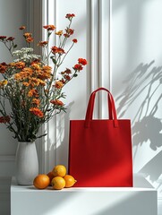 Canvas Print - A red shopping bag sitting on top of a white table next to a vase of flowers