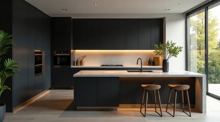 Sleek Modern Kitchen Design with Dark Cabinets, Marble Countertops, and Island Seating