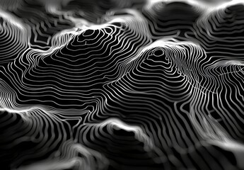 Poster - Black background features white, wavy topographic lines on a horizontal flow design