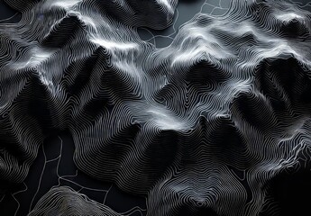 Poster - abstract black background with white wavy topographic lines overlaying a horizontal flow pattern