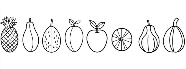 An abstract illustration of fruits, drawn in a continuous line. The fruit set features a lemon, lime, mandarin, pear, and peach in a contemporary, minimalistic linear design.