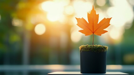 Canvas Print - A small orange leaf in a black pot on a table