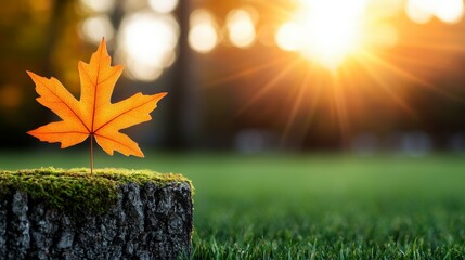 Wall Mural - A single orange maple leaf sitting on top of a tree stump