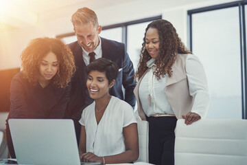 Aufkleber - Laptop, finance or business people in meeting with project for feedback, discussion or teamwork. Corporate report, happy or financial advisor talking to economists for economy or planning together