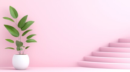 Poster - A potted plant sitting on top of a pink floor next to stairs