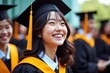 © JustFun - Joyful Graduate Celebrating Academic Achievement with Classmates at a University Commencement Ceremony, Wearing a Black Gown and Cap with Orange Tassel