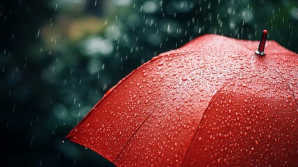 Poster - Soft rain cascades from a bright red umbrella, creating a soothing symphony of droplets. This tranquil moment captures the beauty of nature in a serene garden, inviting peaceful reflections