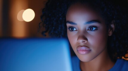 Woman using computer at night