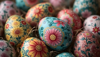 Colorful hand-painted Easter eggs nestled in spring grass create a festive atmosphere for holiday celebrations with family and friends. Generative AI