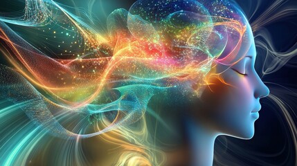 Poster - thought waves, with data streams flowing through a neural network, showing the power of human cognition