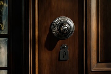 Poster - captivating 4k close-up of a polished silver door handle and keyhole on a dark wooden door,