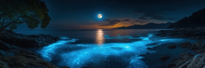 Wall Mural - 4k image of a full moon just above the sea, with bioluminescent plankton lighting up the water,
