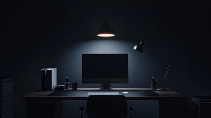 Poster - Empty dark office workspace lit by lamp.  Ideal for presentations
