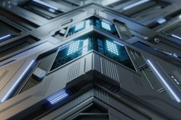 Leinwandbilder - Futuristic metallic interface with glowing blue screens displaying digital data, showcasing advanced technology.