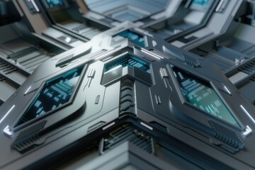 Poster - Futuristic metallic interface with glowing teal digital displays, showcasing advanced technology and intricate design.