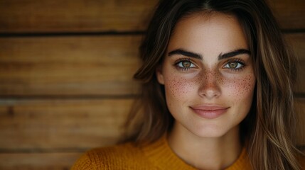 Wall Mural - A woman with freckles on her face looking at the camera