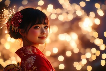 Wall Mural - 4K photograph of a Japanese girl in a red kimono, her eyes sparkling with excitement as fireworks fill the night sky during a traditional Japanese summer festival