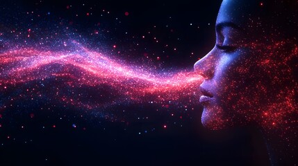 Wall Mural - Breath of Stardust: A woman's face is illuminated by a mesmerizing trail of glowing particles, evoking a sense of magic and ethereal beauty.