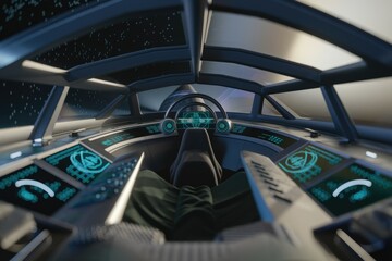 Aufkleber - Futuristic spaceship cockpit view, pilot seated, high-tech controls and displays showcasing interstellar travel.