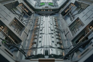Poster - Futuristic metallic corridor with intricate wiring and technological components, a sci-fi aesthetic.
