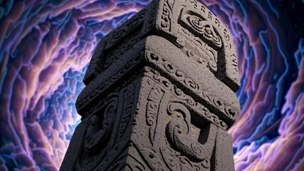 Poster - an ancient stone sculpture, with soft shadows and highlights enhancing the depth and grandeur of the figure against a celestial backdrop