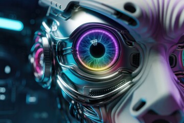 Poster - Close-up of a futuristic robot's eye, showcasing intricate metallic design and vibrant neon lighting.