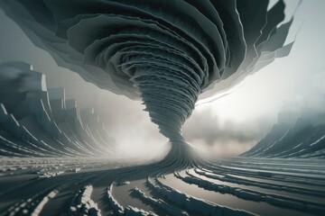 Poster - Abstract 3D rendering of a swirling grey vortex resembling a tornado, set against a hazy background.