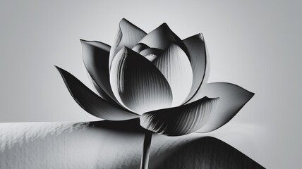 Poster - A grayscale image of a single lotus flower, elegantly presented against a muted backdrop.