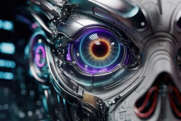 Poster - Close-up of a robotic eye, intricate metallic design with vibrant glowing iris.