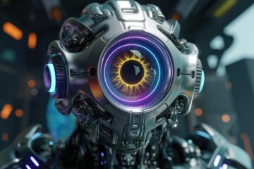 Poster - A futuristic robotic eye, gleaming metallic, with vibrant inner light, showcasing advanced technology.