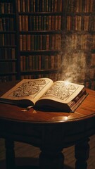 Aufkleber - magical energy rising from an ancient open book, with golden sparks and mystical light illuminating the pages in a warm