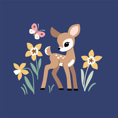 Wall Mural - Cute vintage fawn with wildflowers. Hand drawn vector deer illustration. Perfect for tee shirt logo, greeting card, poster, invitation or print design. EPS10 vector file.