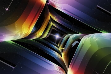 Aufkleber - Abstract cosmic tunnel with vibrant, glowing, multicolored, curved lines and stars.