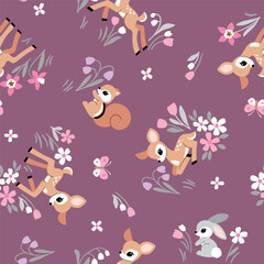 Wall Mural - Seamless vector pattern with cute vintage fawn, rabbit and squirrel on floral background. Hand drawn woodland illustration. Perfect for textile, wallpaper or print design. EPS10 vector file.