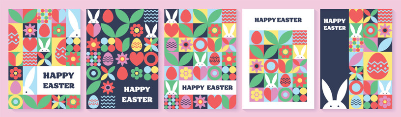 Wall Mural - set of geometric easter greeting card. abstract background with bunny, egg and flower. vector illust