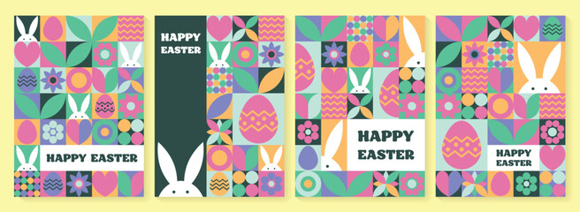 Wall Mural - set of geometric easter greeting card. abstract background with bunny, egg and flower. vector illust