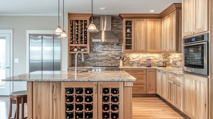 Wall Mural - Modern kitchen with wooden cabinets, granite countertops, and wine storage.