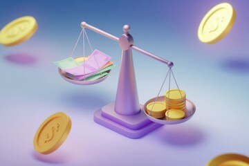 Poster - A 3D rendering of a scale balancing cash and coins, symbolizing financial equivalence.