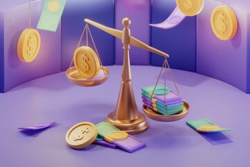 Poster - A 3D rendering of a scale balancing coins and stacks of money, symbolizing financial equilibrium.