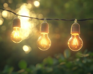 Poster - light bulbs hanging from a wire, with the bokeh effect in the background transforming the scene into a creative, abstract composition