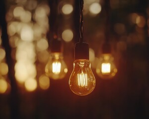 Poster - light bulbs hanging from a wire, with the bokeh effect in the background transforming the scene into a creative, abstract composition