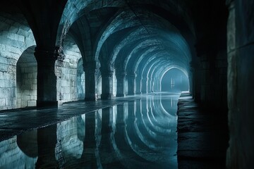 Poster - underground passage, the long shadows and flickering light casting eerie reflections on the damp sto